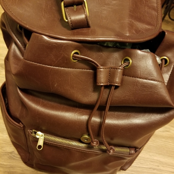 Vegan Dark Brown Faux Leather Drawstring Backpack - Picture 4 of 5